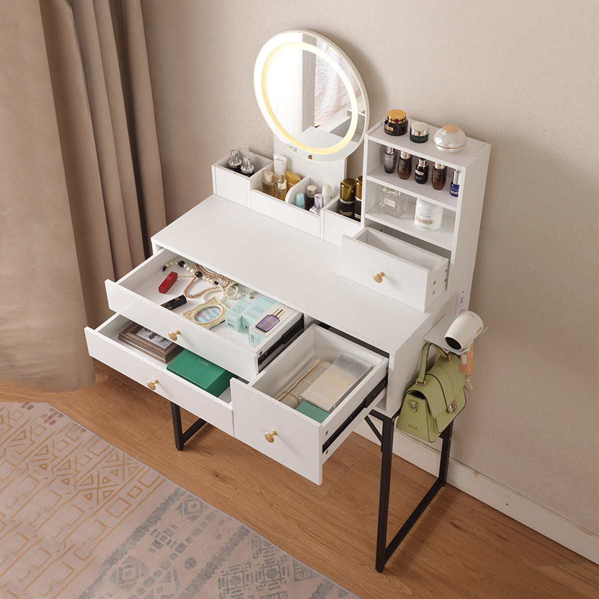 HAOYYE Vanity Desk With Lighted Mirror And Power Outlet, Makeup Table With Drawers And Cabinet, Sturdy Iron Frame, Space-Saving Modern Design, Heavy Duty White Makeup Vanity Table For Bedroom
