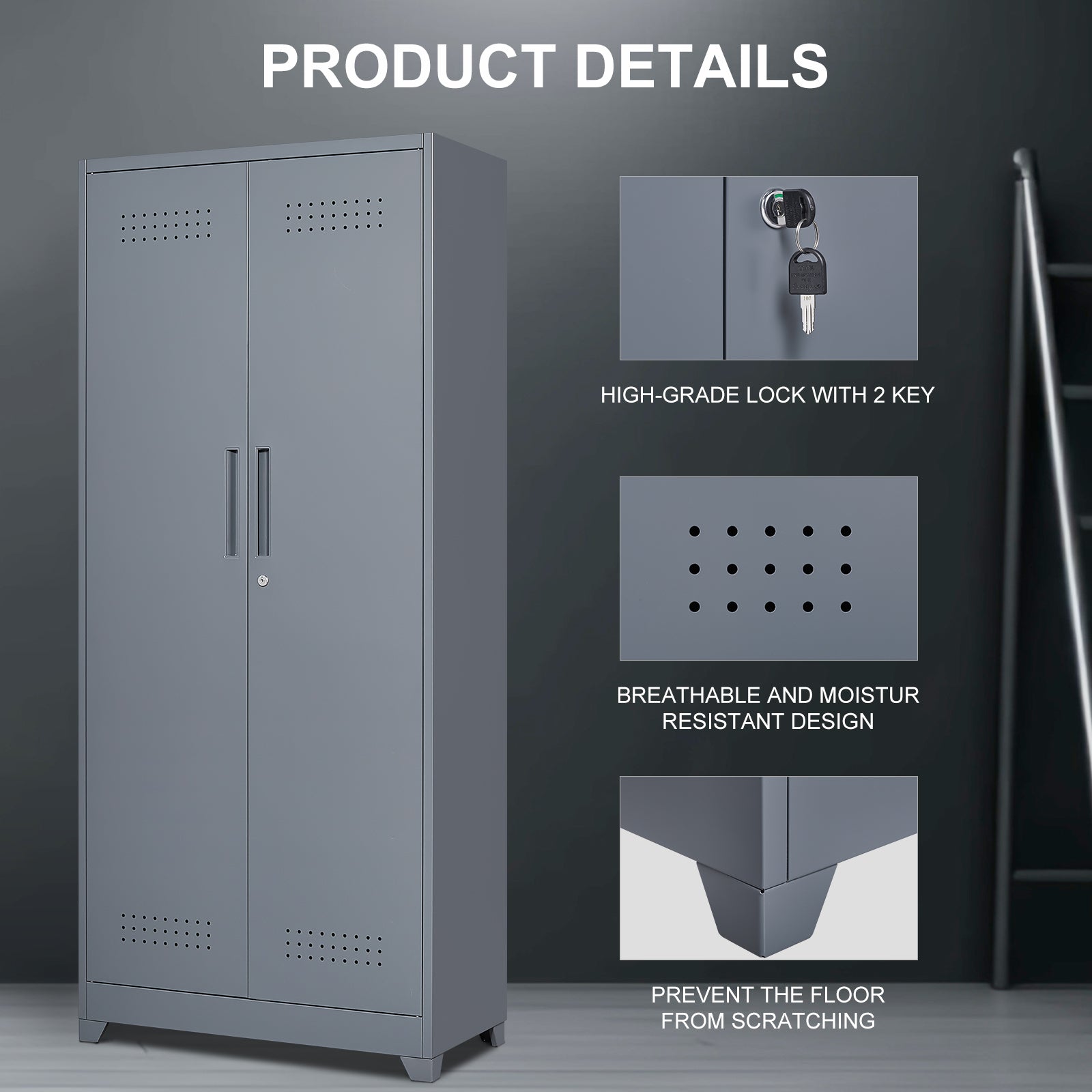 HAOYYE Metal Storage Cabinets, Cleaning Tool Cabinet with Locking Door, Tall Broom Tool Organizer and Storage, Large Storage Cabinet for Kitchen, Pantry, Office, Shop Sturdy Space-Saving Heavy Duty Durable