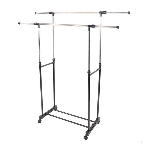 HAOYYE Dual-Bar Vertical & Horizontal Stretching Stand Clothes Rack with Shoe Shelf YJ-04, Black & Silver, Durable Space-Saving Organizer for Closet, Bedroom, Living Room, Modern Design, Versatile Use, Premium Quality, Stylish Storage Solution