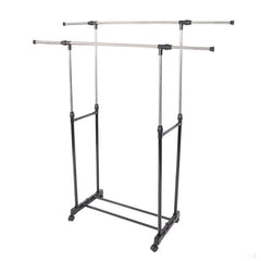 HAOYYE Dual-Bar Vertical & Horizontal Stretching Stand Clothes Rack with Shoe Shelf YJ-04, Black & Silver, Durable Space-Saving Organizer for Closet, Bedroom, Living Room, Modern Design, Versatile Use, Premium Quality, Stylish Storage Solution