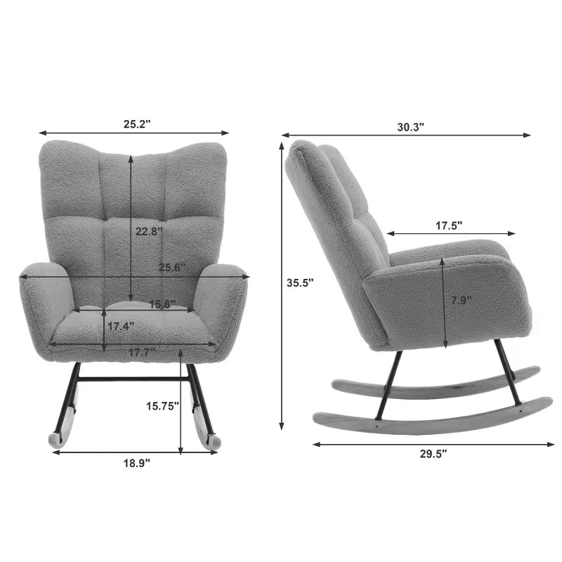 Haoyye Black Modern Nursery Rocking Chair with High Backrest, Soft Teddy Upholstered Glider Accent Armchair with Solid Wood Legs, Gentle Rocker for Bedroom, Living Room, or Nursery, Sturdy and Space-Saving Design for Adults