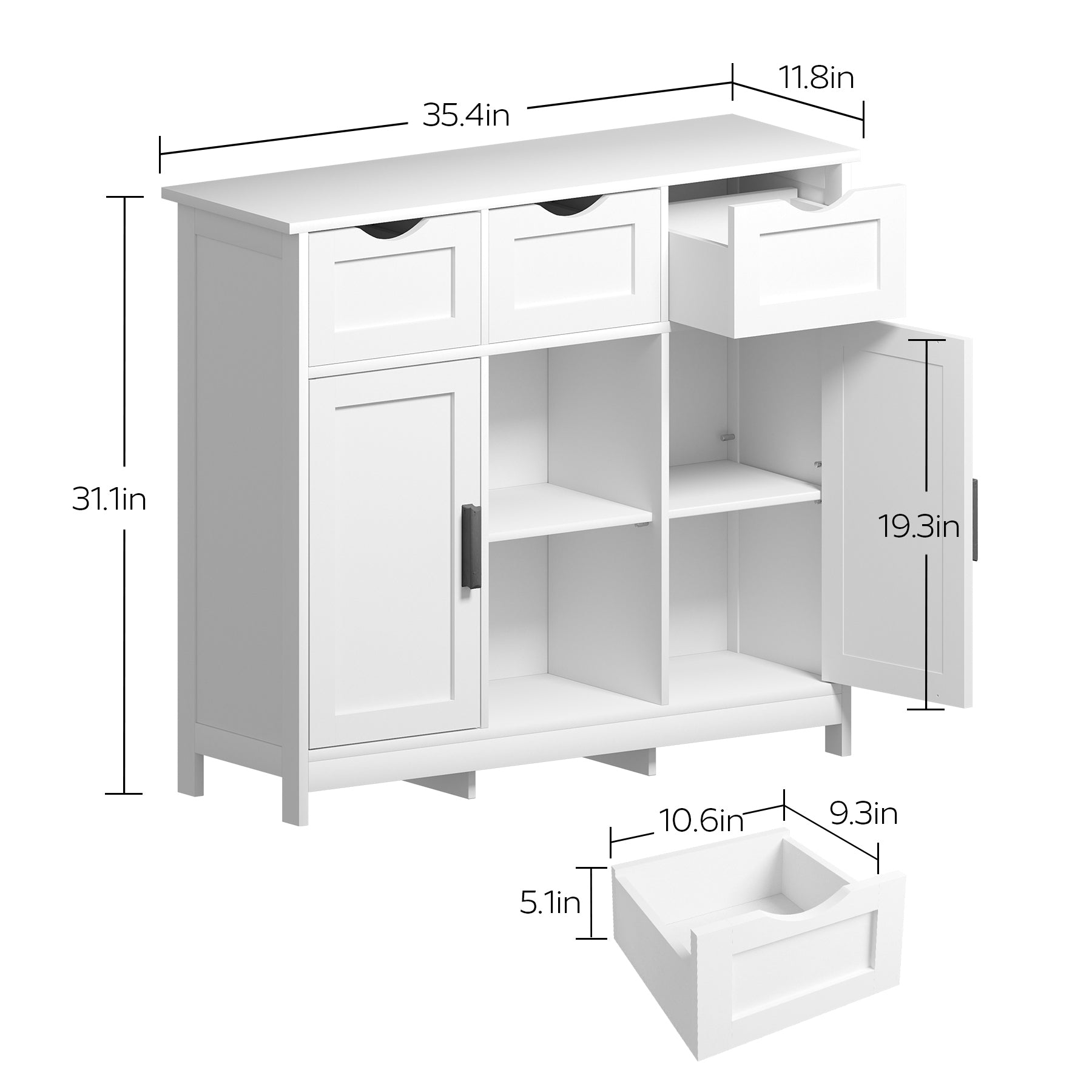 HAOYYE Storage Cabinet With Drawers And Shelves, White Wooden Floor Cabinet, Accent Cabinet For Living Room, Bedroom, Or Bathroom, Sturdy Modern Space-Saving Heavy Duty Design