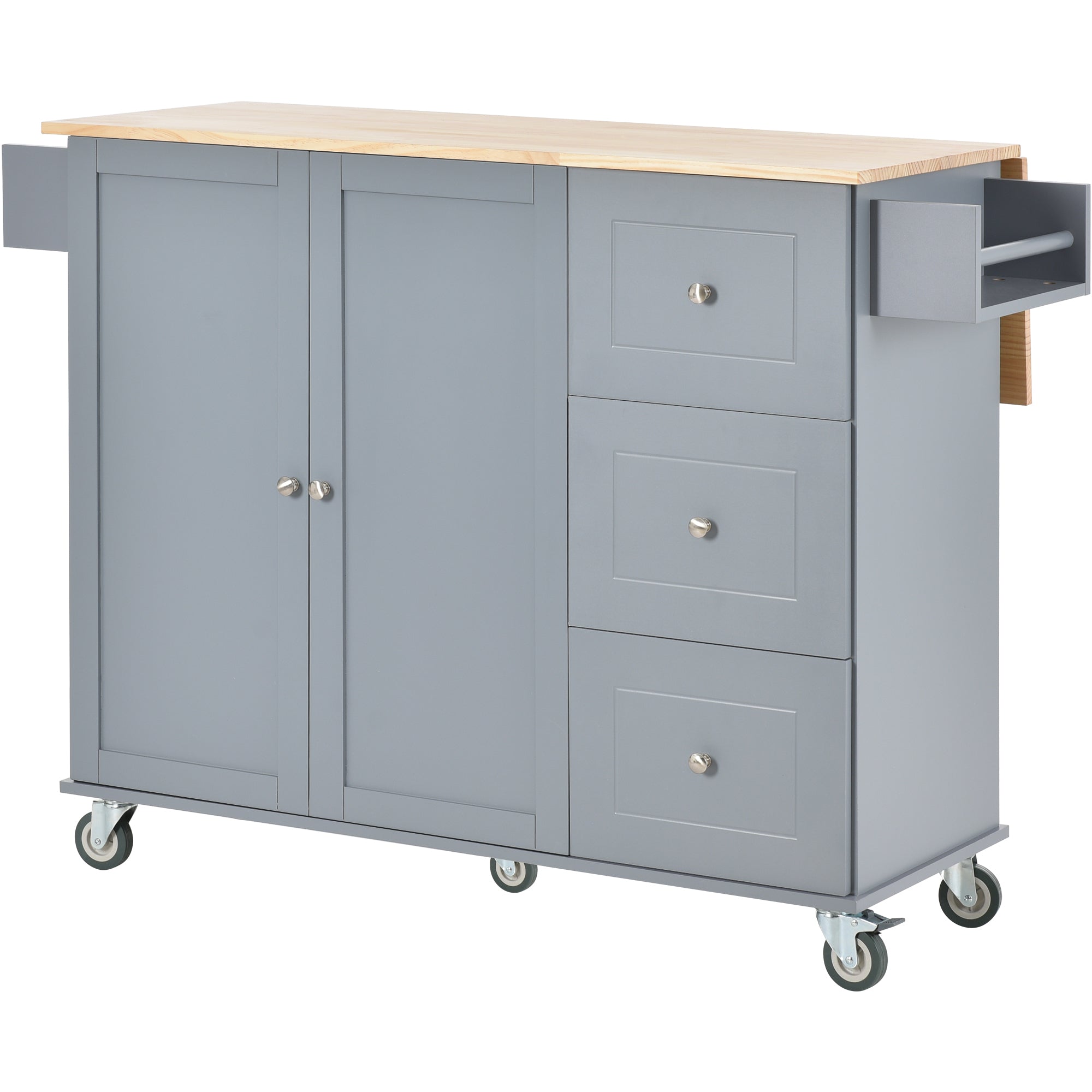 HAOYYE Rolling Mobile Kitchen Island With Solid Wood Top, Storage Cabinet, Drop Leaf Breakfast Bar, Spice Rack, Towel Rack, And Drawer, Grey Blue, Sturdy Space-Saving Design With Locking Wheels