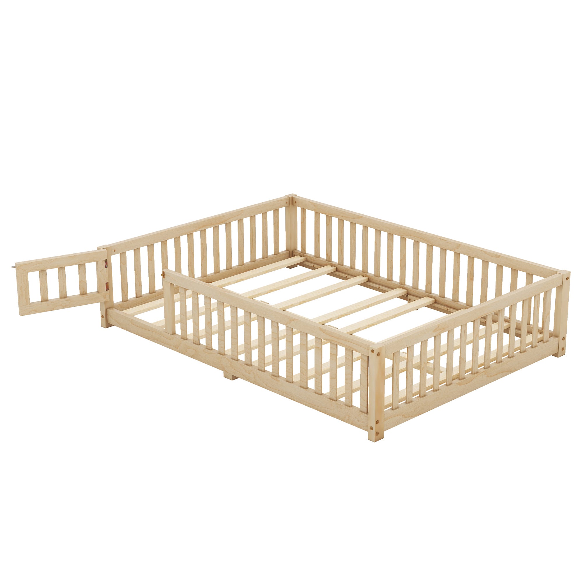 HAOYYE Full Size Bed Floor Bed with Safety Guardrails and Door for , Natural(Old SKU: W158090693) Sturdy Space-Saving Heavy Duty Modern Design Adults Dorm Room Easy Assembly Bedroom Furniture