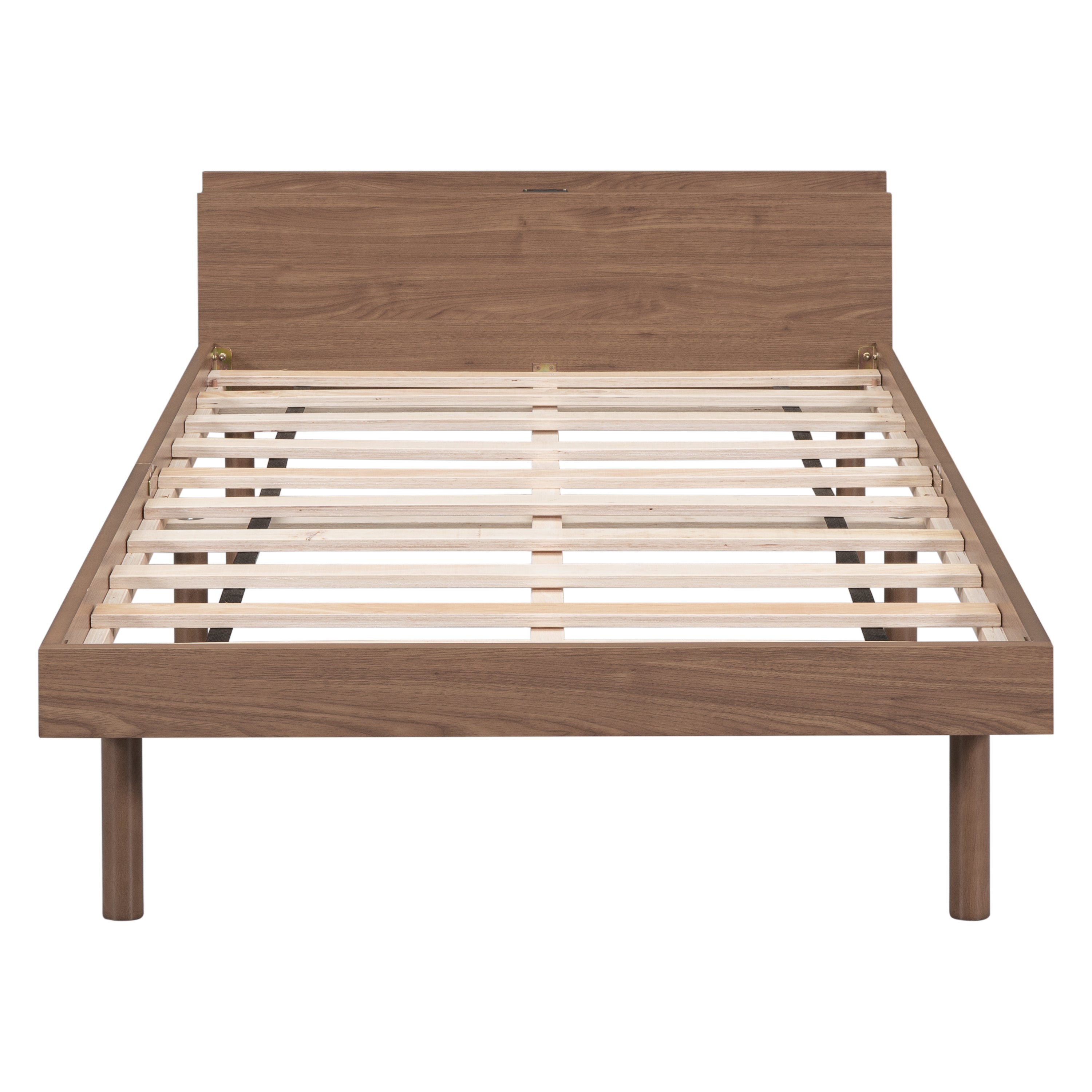 HAOYYE Modern Design Twin Size Platform Bed Frame with Built-in USB port for Walnut Color Sturdy Space-Saving Heavy Duty Easy Assembly Durable Stylish Home Furniture Versatile