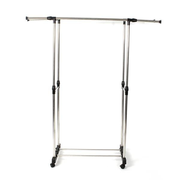 HAOYYE Dual-Bar Clothes Rack with Shoe Shelf, Adjustable Height and Width, Space-Saving Design, Modern Silver Finish, Durable and Versatile Garment Organizer for Bedroom, Entryway, Laundry Room, or Walk-In Closet