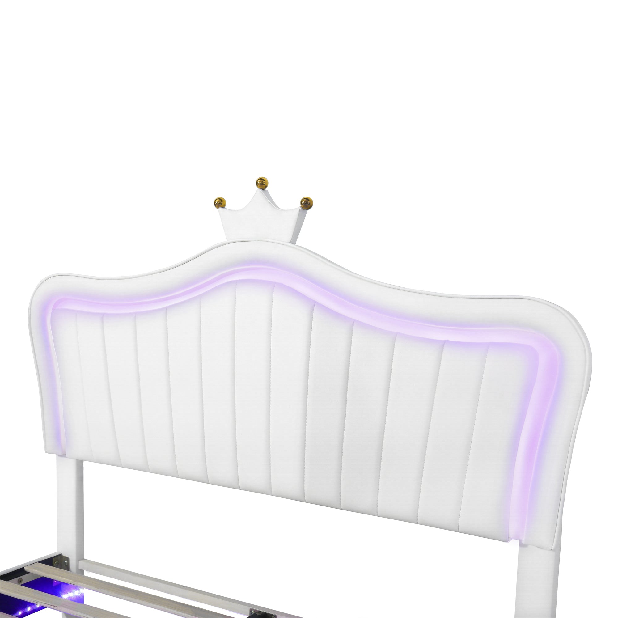 HAOYYE Queen Size Upholstered Bed Frame with LED Lights,Modern Upholstered Princess Bed With Crown Headboard,White Sturdy Space-Saving Heavy Duty Modern Design Adults Dorm Room Easy Assembly
