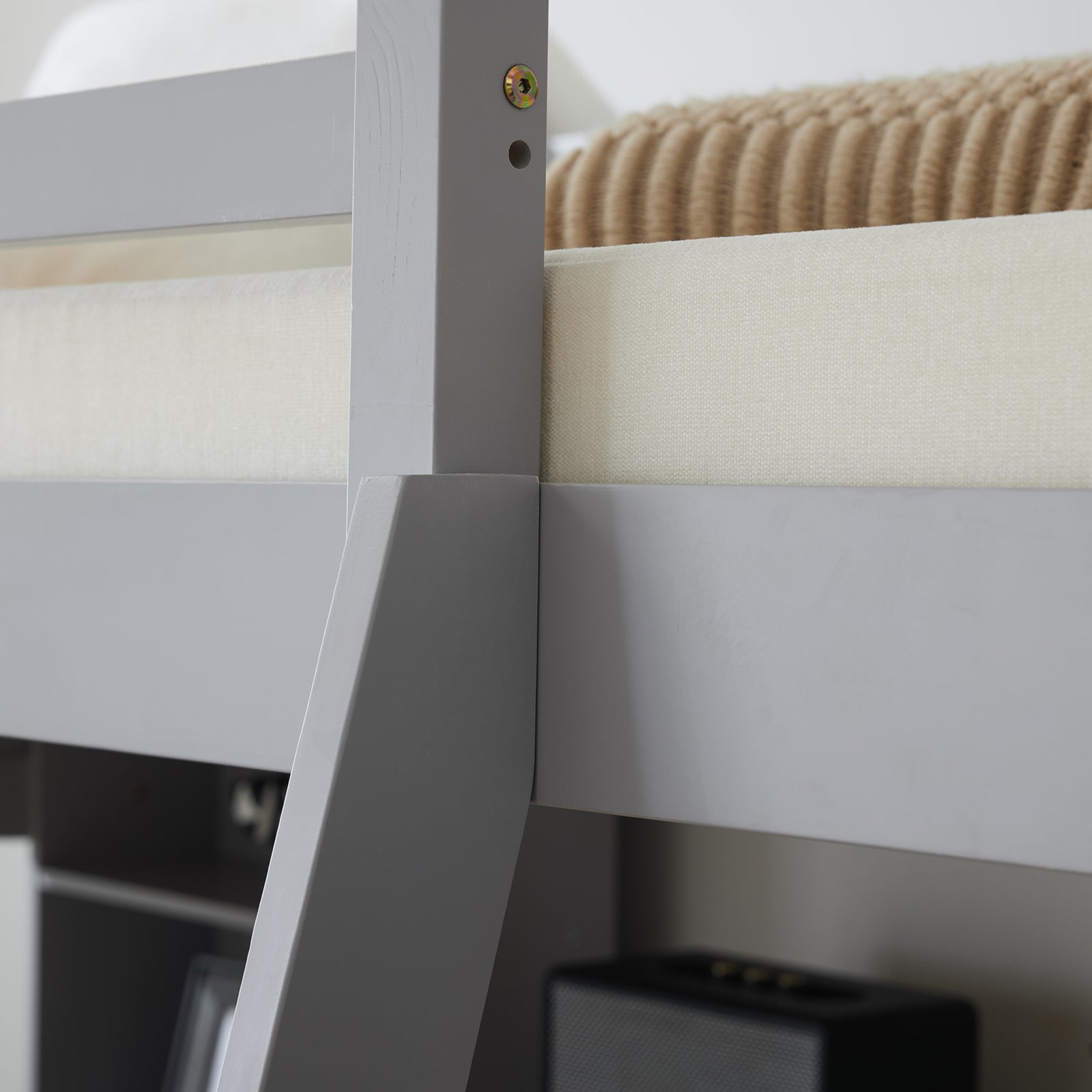 HAOYYE Loft Bed with Shelf & Desk, Inclined Ladder, Gray Twin Wooden Bed, Pine & Particle Board, Space-Saving Design for Kids, Teens, and Dorm Rooms, Sturdy Construction, Easy Assembly, Modern & Functional