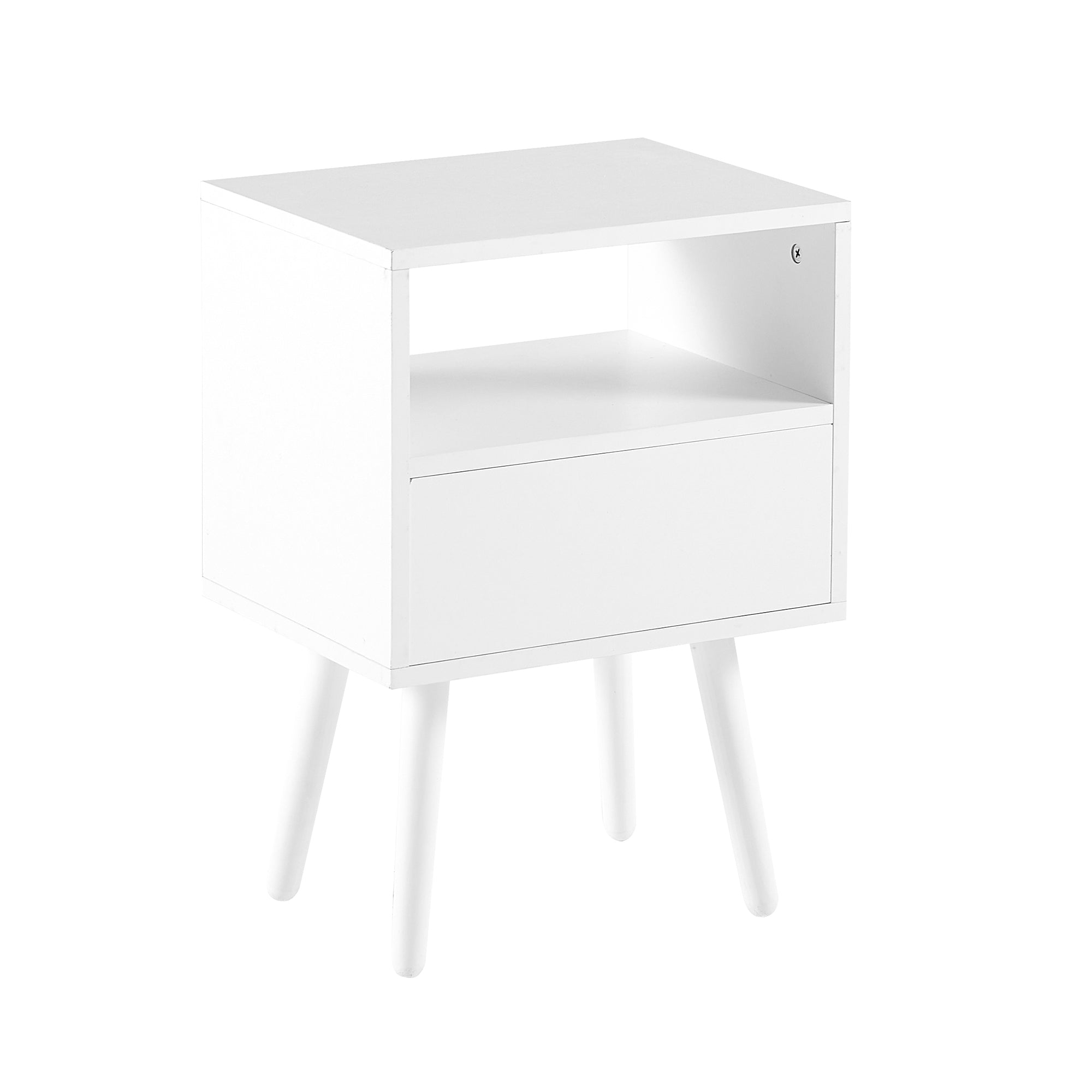 HAOYYE Rattan End Table With Drawer And Solid Wood Legs, Modern Nightstand For Bedroom And Living Room, Sturdy Space-Saving Heavy Duty Design, Easy Assembly, White