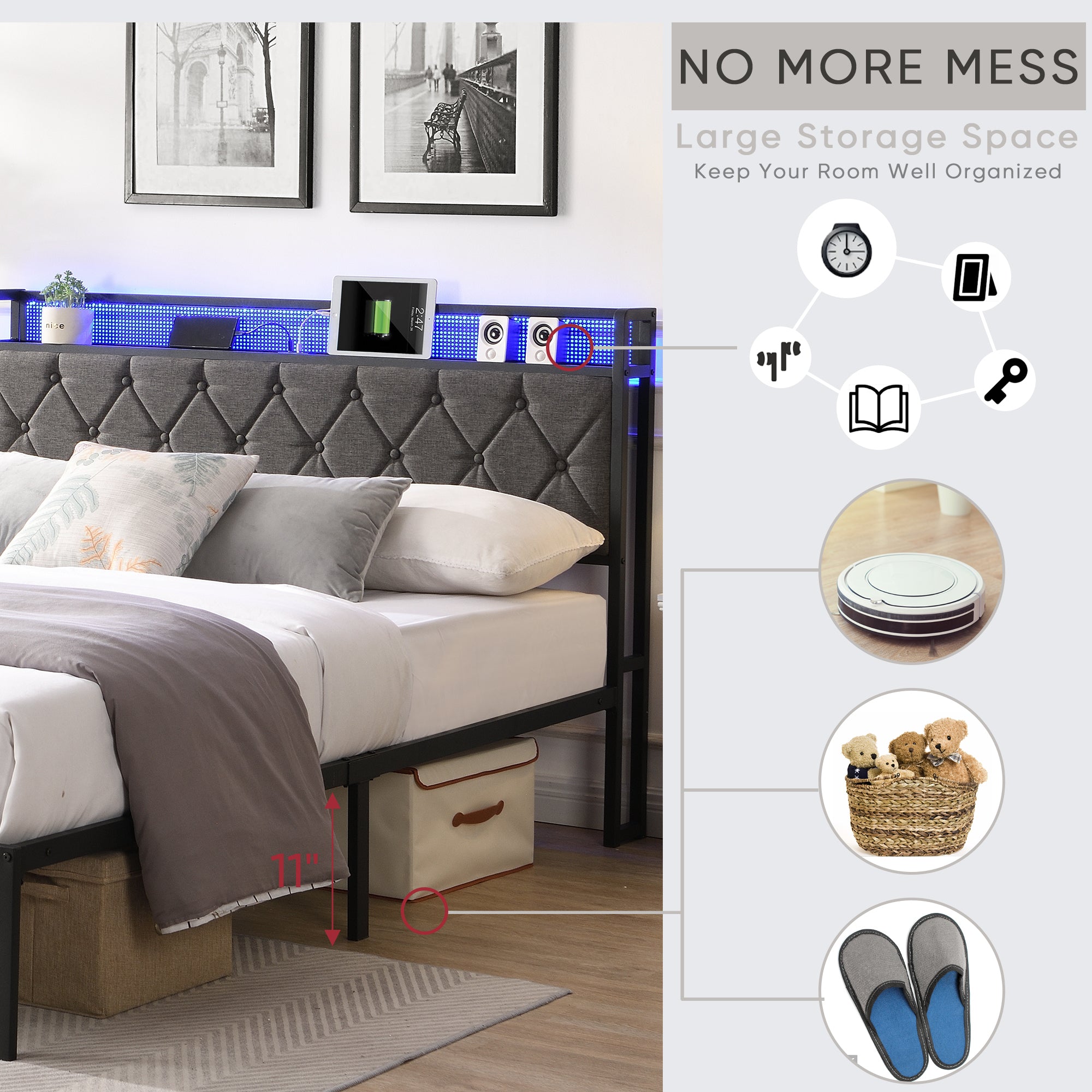 HAOYYE Full Bed Frame with Storage Headboard, Charging Station and LED Lights, Upholstered Platform Bed with Heavy Metal Slats, No Box Spring Needed, Noise Free, Easy Assembly, Dark Gray Sturdy Space-Saving