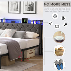 HAOYYE Full Bed Frame with Storage Headboard, Charging Station and LED Lights, Upholstered Platform Bed with Heavy Metal Slats, No Box Spring Needed, Noise Free, Easy Assembly, Dark Gray Sturdy Space-Saving