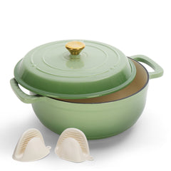 HAOYYE Cast Iron 5QT Cooking Pot Gradient Green Enamel Coating Includes Two Silicone Gloves Heavy Duty Durable Dutch Oven for Stovetop Oven and Outdoor Cooking Perfect for Stews Soups Casseroles and Everyday Meals
