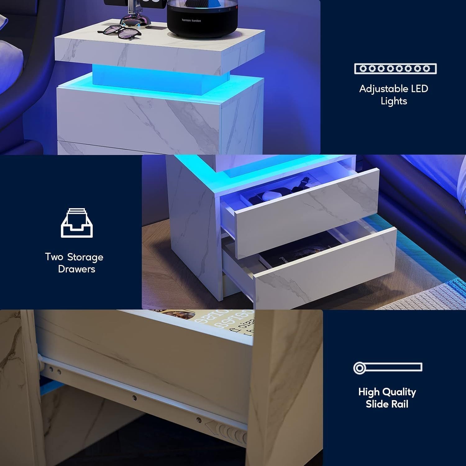 HAOYYE LED Nightstand Bedside Table Cabinet with 2 Drawers, Modern White Stone End Table for Bedroom, Sturdy Space-Saving Heavy Duty Construction, Ideal for Adults and Dorm Rooms, Easy Assembly