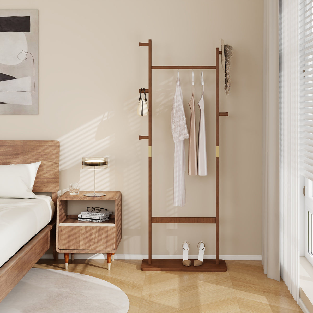 HAOYYE Solid Wood Coat Rack, Freestanding Hanger with Natural Walnut Finish, Space-Saving and Durable Design for Bedroom, Entrance, or Living Room, Easy Assembly