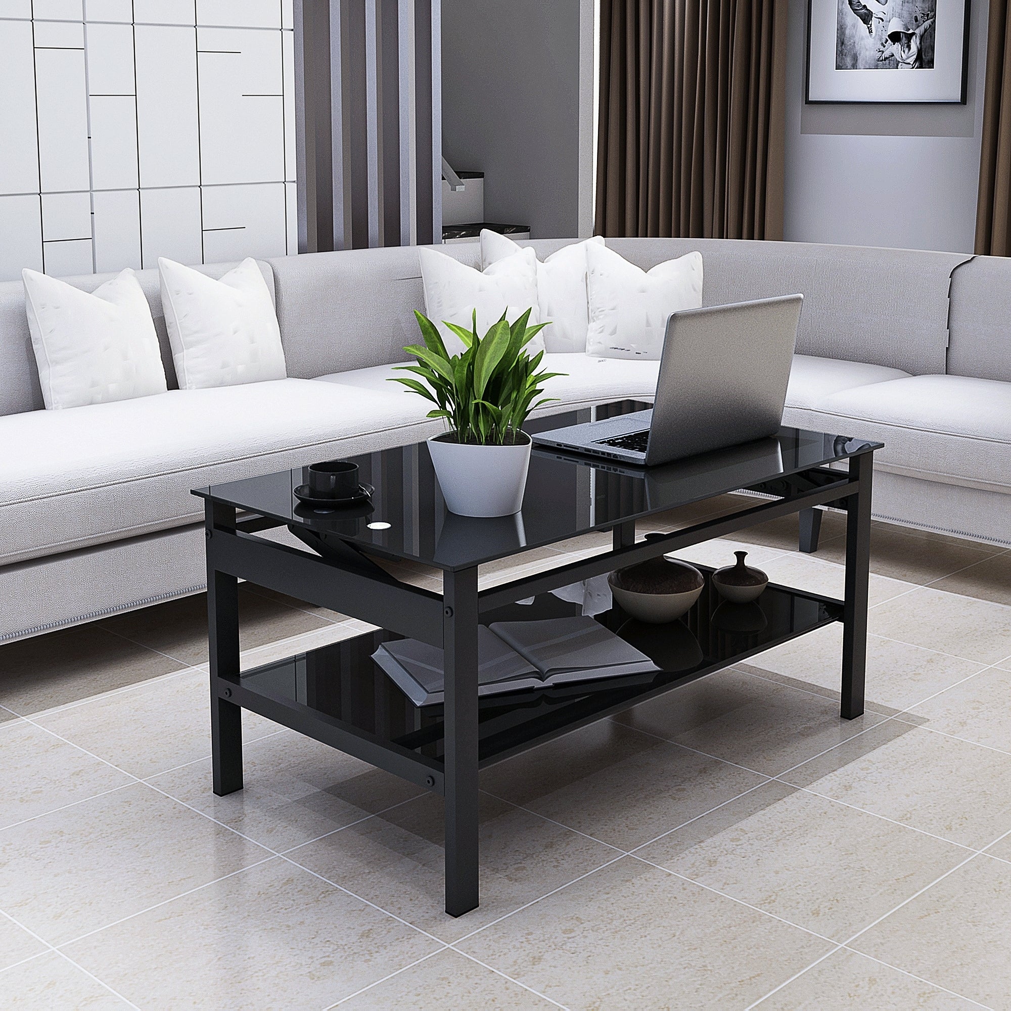 HAOYYE Glass Lift Top Coffee Table, Modern Simple 2-Layer Tempered Glass Coffee Table for Living Room, Black Sturdy Space-Saving Heavy Duty Modern Design Adults Dorm Room Easy Assembly Bedroom Furniture