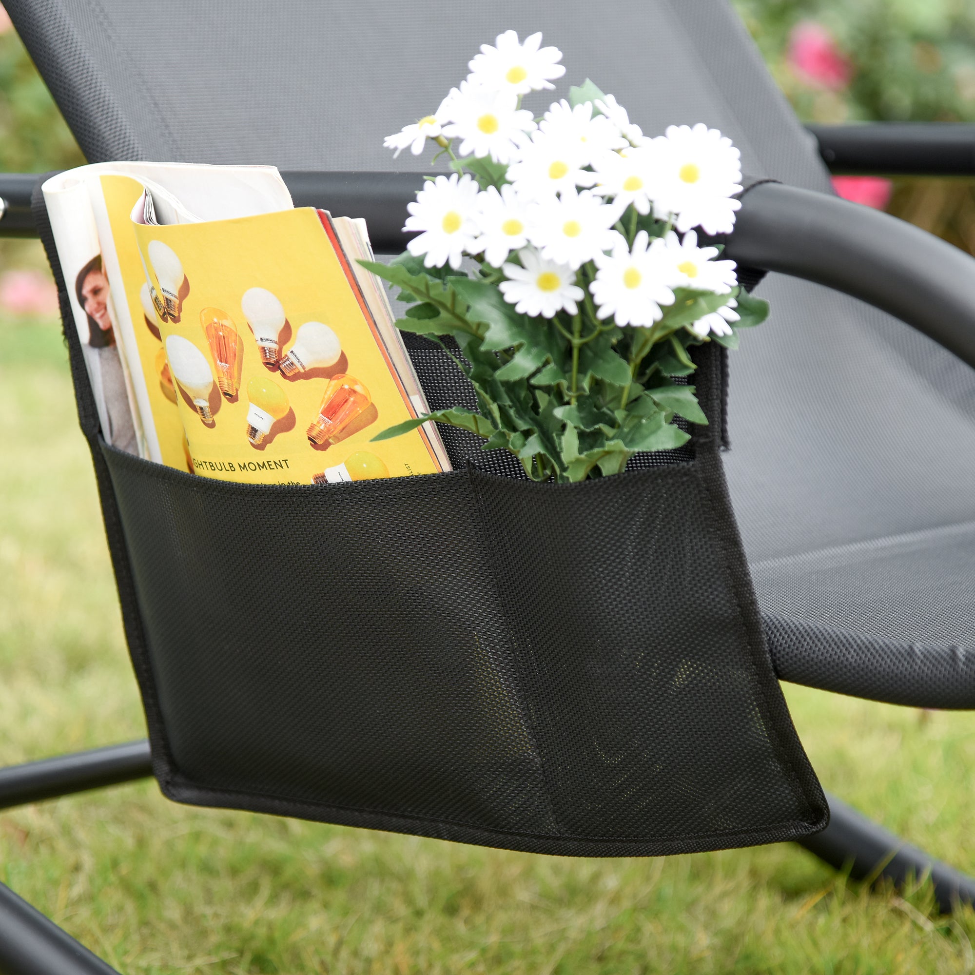 HAOYYE Black Outdoor Rocking Chair with Breathable Mesh Fabric, Soft Padded Headrest and Armrests, Removable Side Pocket, Rubberized Feet, Sturdy Steel Frame Supporting Up to 264 lbs, Perfect for Patio, Poolside, Backyard Relaxation, Easy Assembly
