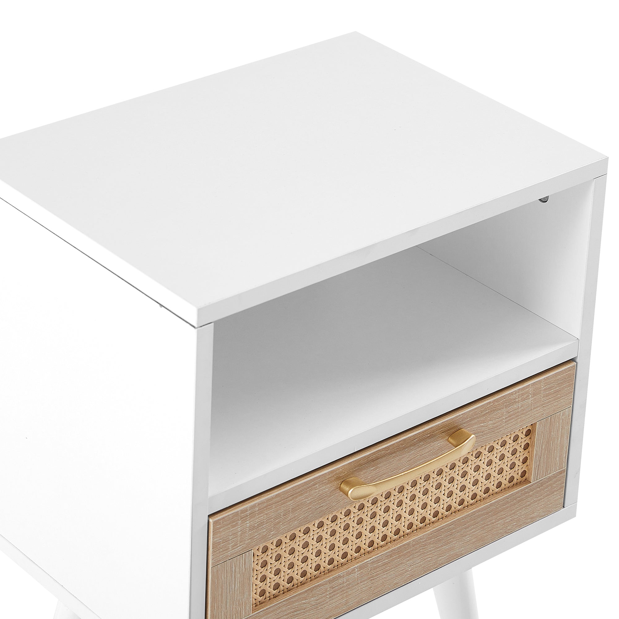 HAOYYE Rattan End Table With Drawer And Solid Wood Legs, Modern Nightstand For Bedroom And Living Room, Sturdy Space-Saving Heavy Duty Design, Easy Assembly, White