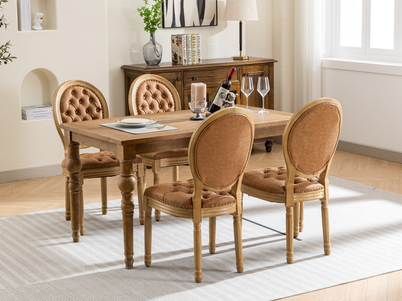 HAOYYE French Style Solid Wood Frame Antique Painting,Hand-pulled buckle decoration PU artificial leather Dining Chair with Nailhead Trim ,Wood Legs,Density Foam,Steel Spring inner,Set of 2,Orange,SW1839OG