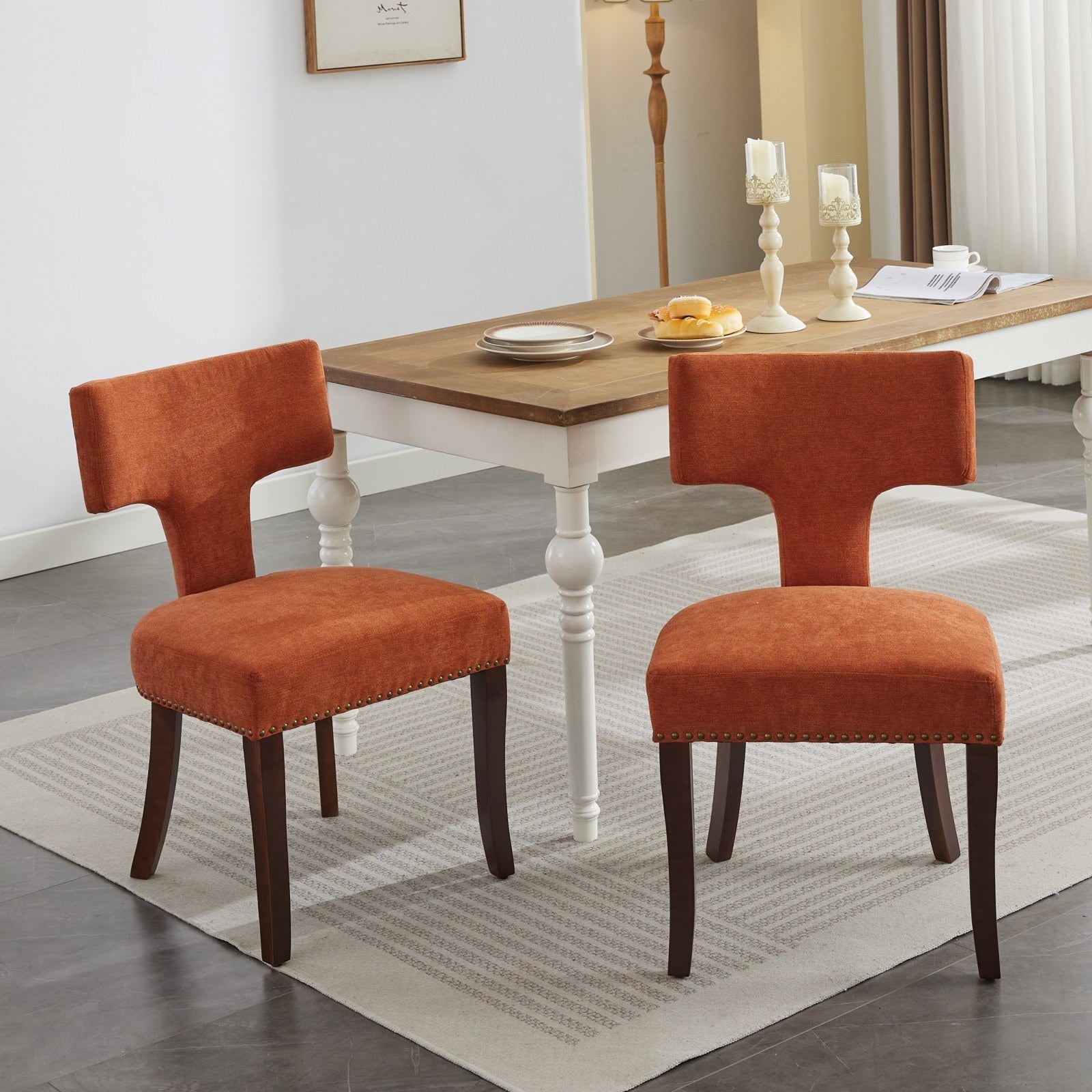 HAOYYE Mid Century Modern Dining Chairs Set of 2, Farmhouse Linen Fabric Upholstered Accent Chair Curved Backrest with Copper Nails around,Kitchen Chairs with Hardwood Frame, Orange Sturdy Space-Saving