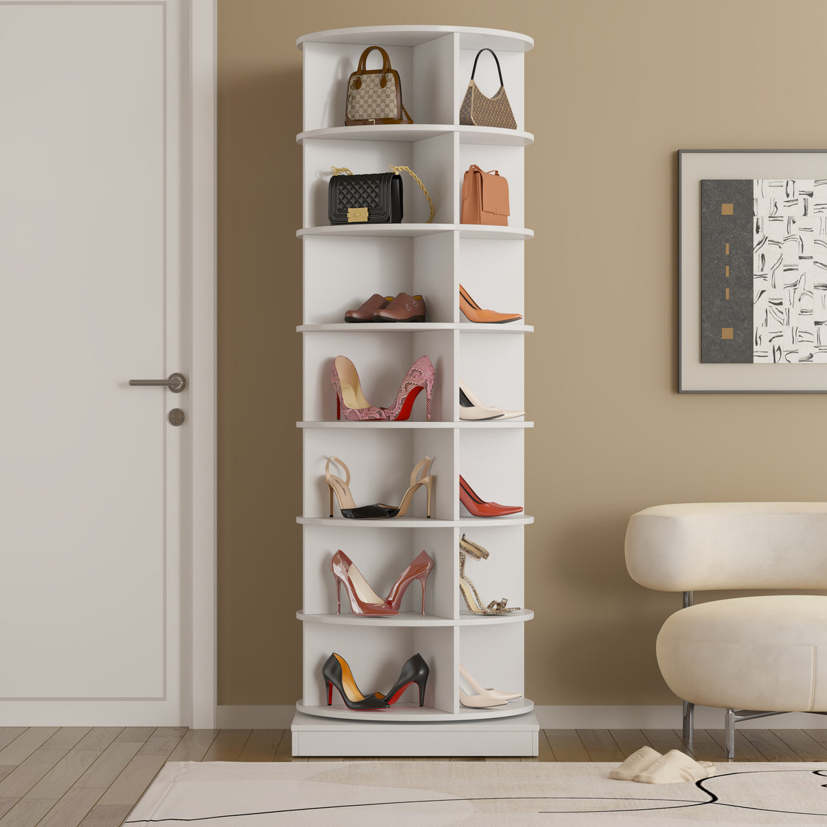 HAOYYE new 360 Rotating shoe cabinet 7 layers Holds Up to 28 Paris of Shoes Sturdy Space-Saving Heavy Duty Modern Design Adults Dorm Room Easy Assembly Bedroom Furniture