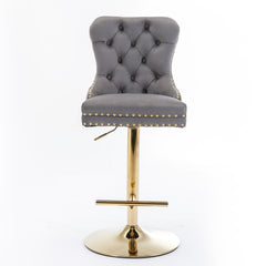 HAOYYE Thick Golden Swivel Velvet Barstools Adjusatble Seat Height from 25-33 Inch, Modern Upholstered Bar Stools with Backs Comfortable Tufted for Home Pub and Kitchen Island (Gray,Set of 2)