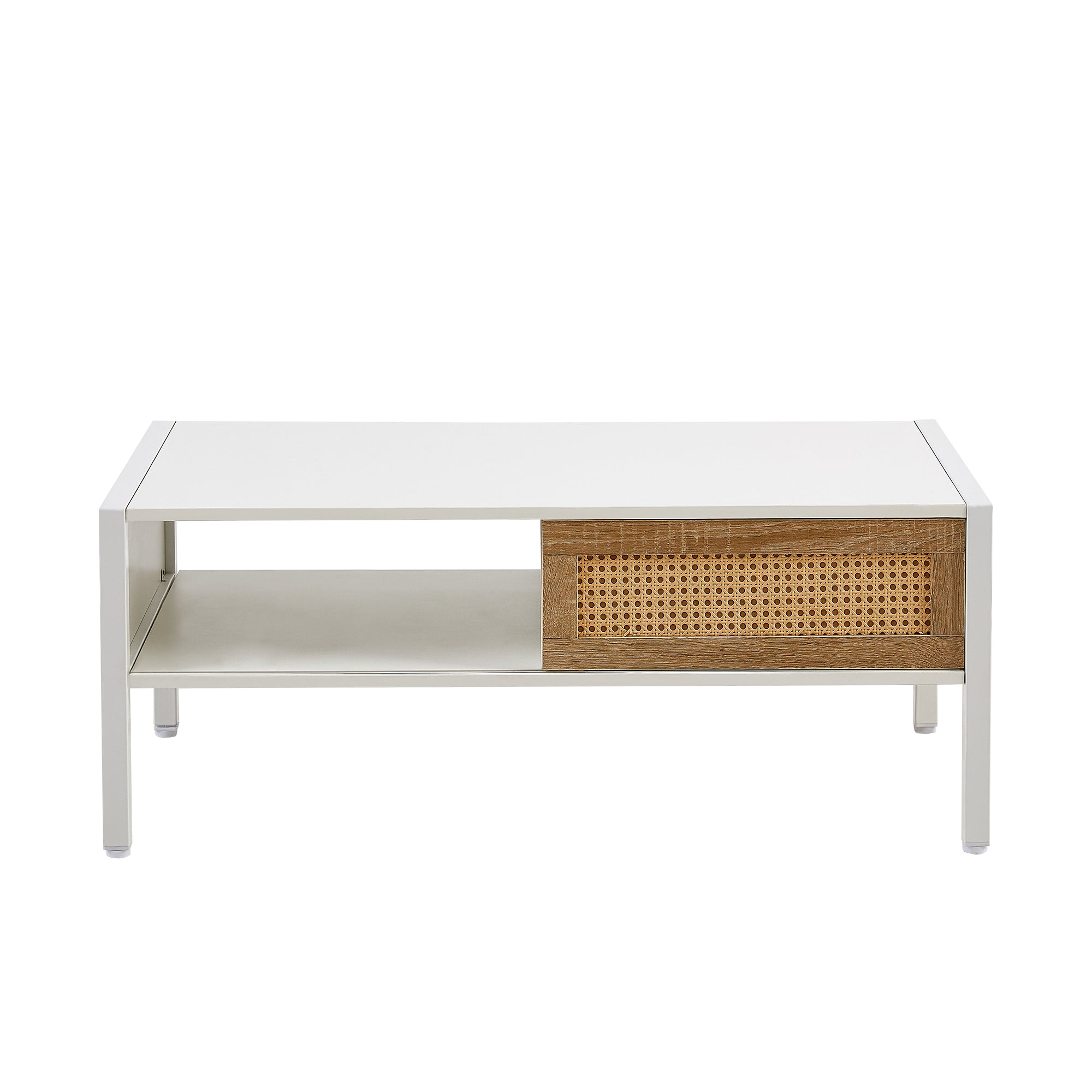HAOYYE White Rattan Coffee Table With Sliding Door, Metal Legs, Modern Storage Table for Living Room, Sturdy Space-Saving Heavy Duty Design, Easy Assembly
