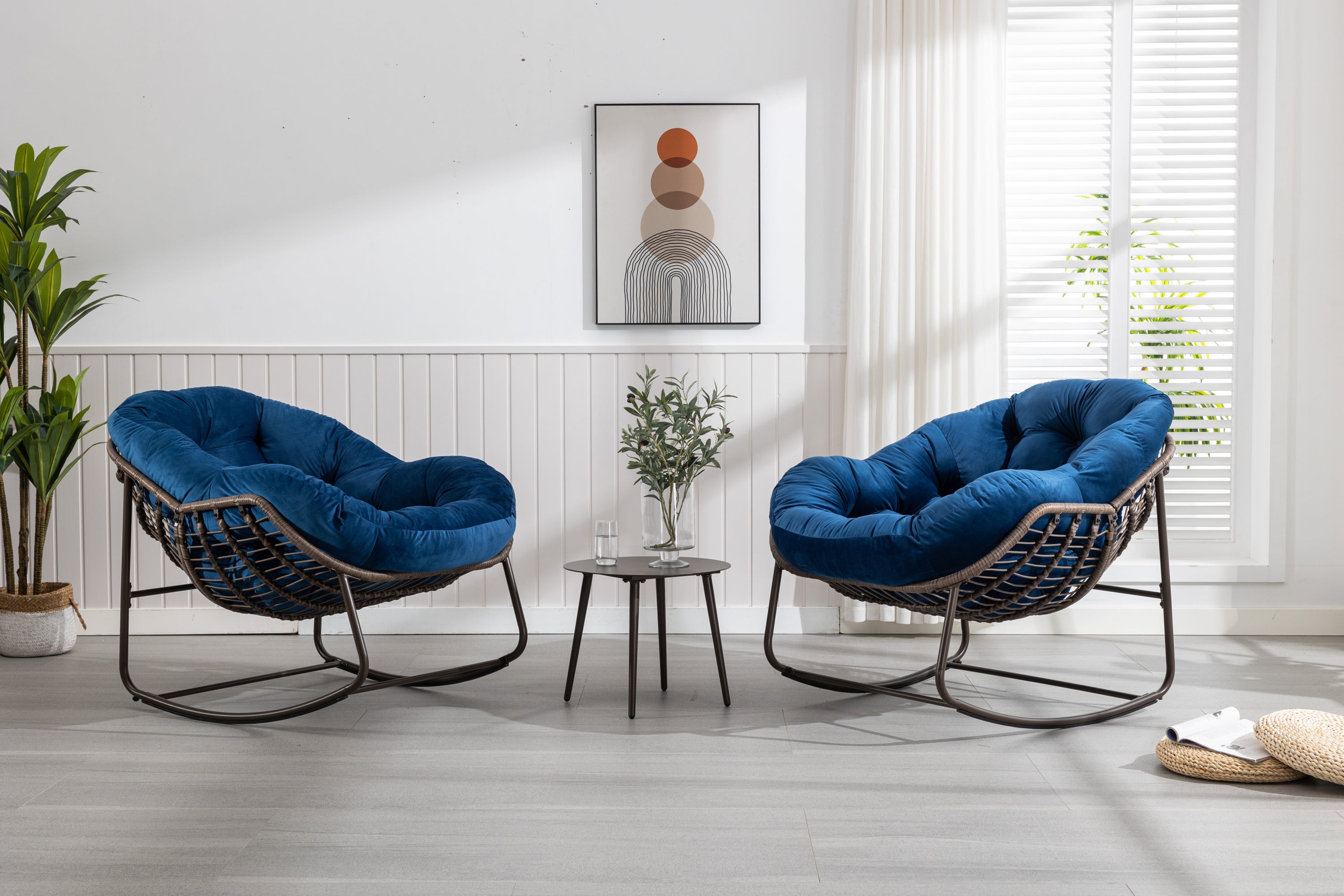 HAOYYE Outdoor Rattan Rocking Chair,Padded Cushion Rocker Recliner Chair Outdoor for Front Porch, Living Room, Patio, Garden, Navy Blue Sturdy Space-Saving Heavy Duty Modern Design Adults Dorm Room