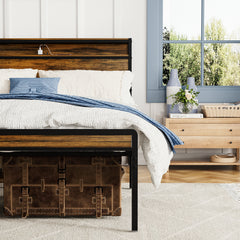 HAOYYE Queen Size Bed Frame, Storage Headboard with LED light, Charging Station, Solid and Stable, Noise Free, No Box Spring Needed, Easy Assembly, Vintage Brown Sturdy Space-Saving Heavy Duty Modern Design