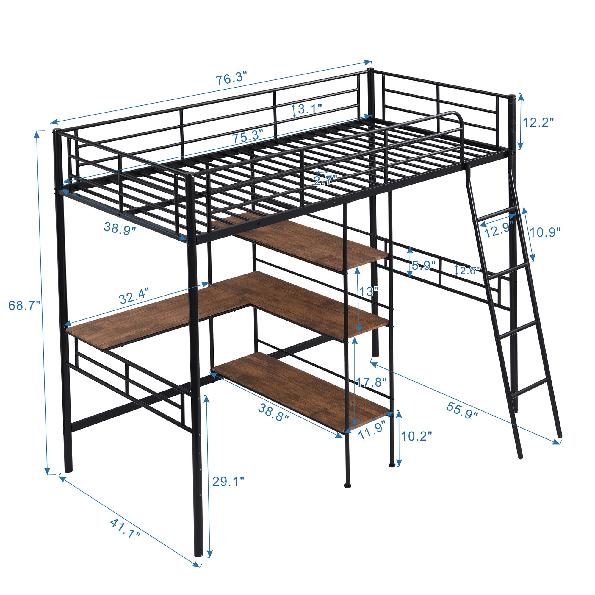 HAOYYE Twin Size Metal Loft Bed and Built-in Desk and Shelves,Black Sturdy Space-Saving Heavy Duty Modern Design Adults Dorm Room Easy Assembly Bedroom Furniture