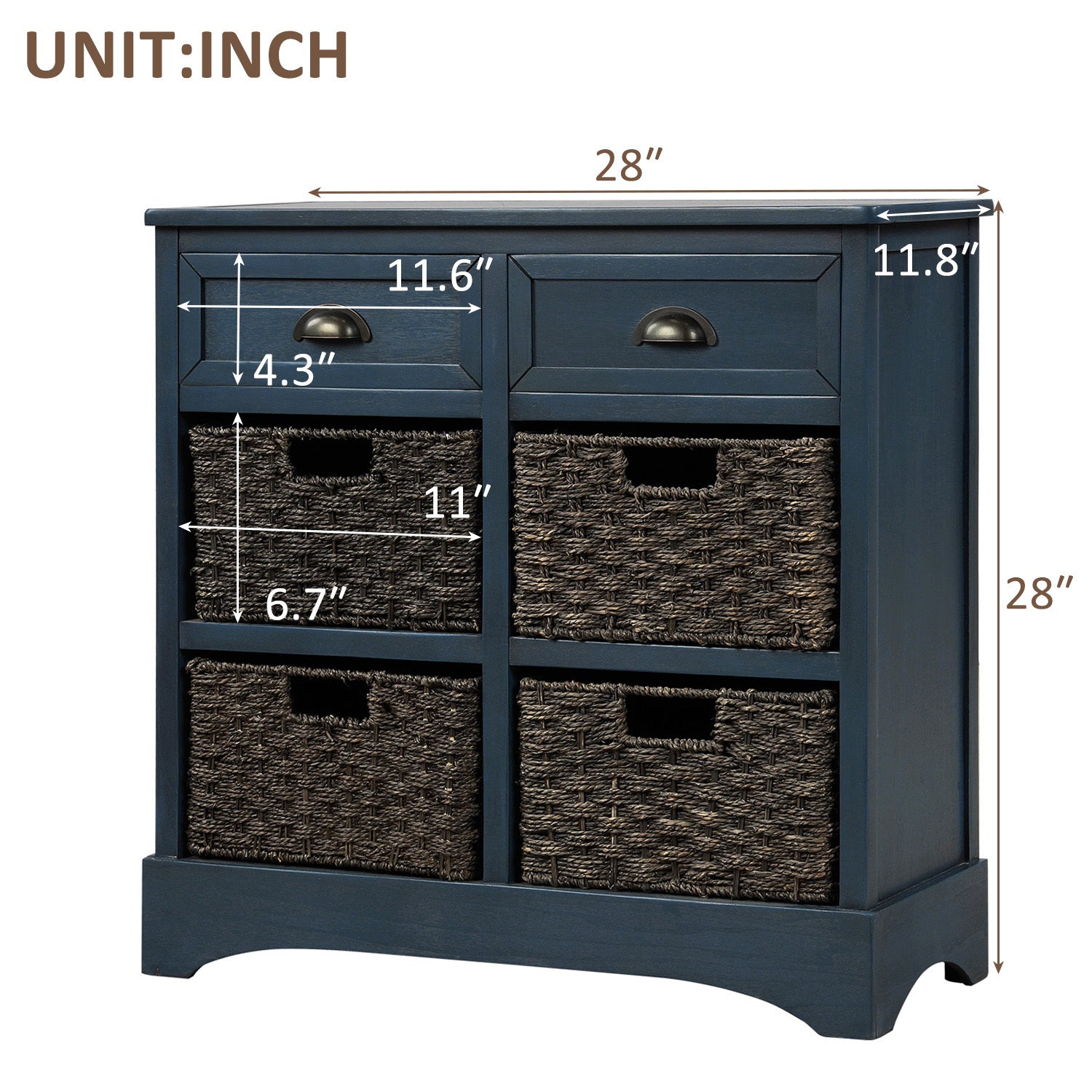 HAOYYE Rustic Storage Cabinet with Two Drawers and Four Classic Rattan Baskets for Dining Room, Entryway, or Living Room, Antique Navy, Sturdy Space-Saving Design, Heavy Duty Construction, Easy Assembly, Durable and Stylish Home Furniture