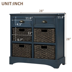 HAOYYE Rustic Storage Cabinet with Two Drawers and Four Classic Rattan Baskets for Dining Room, Entryway, or Living Room, Antique Navy, Sturdy Space-Saving Design, Heavy Duty Construction, Easy Assembly, Durable and Stylish Home Furniture