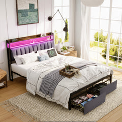 HAOYYE Queen Bed Frame with Storage Headboard and Drawers, LED Upholstered Platform Bed Frame with Built-in Charging Station, No Box Spring Needed, Easy Assembly, Sturdy and Space-Saving Design in Grey for Adults