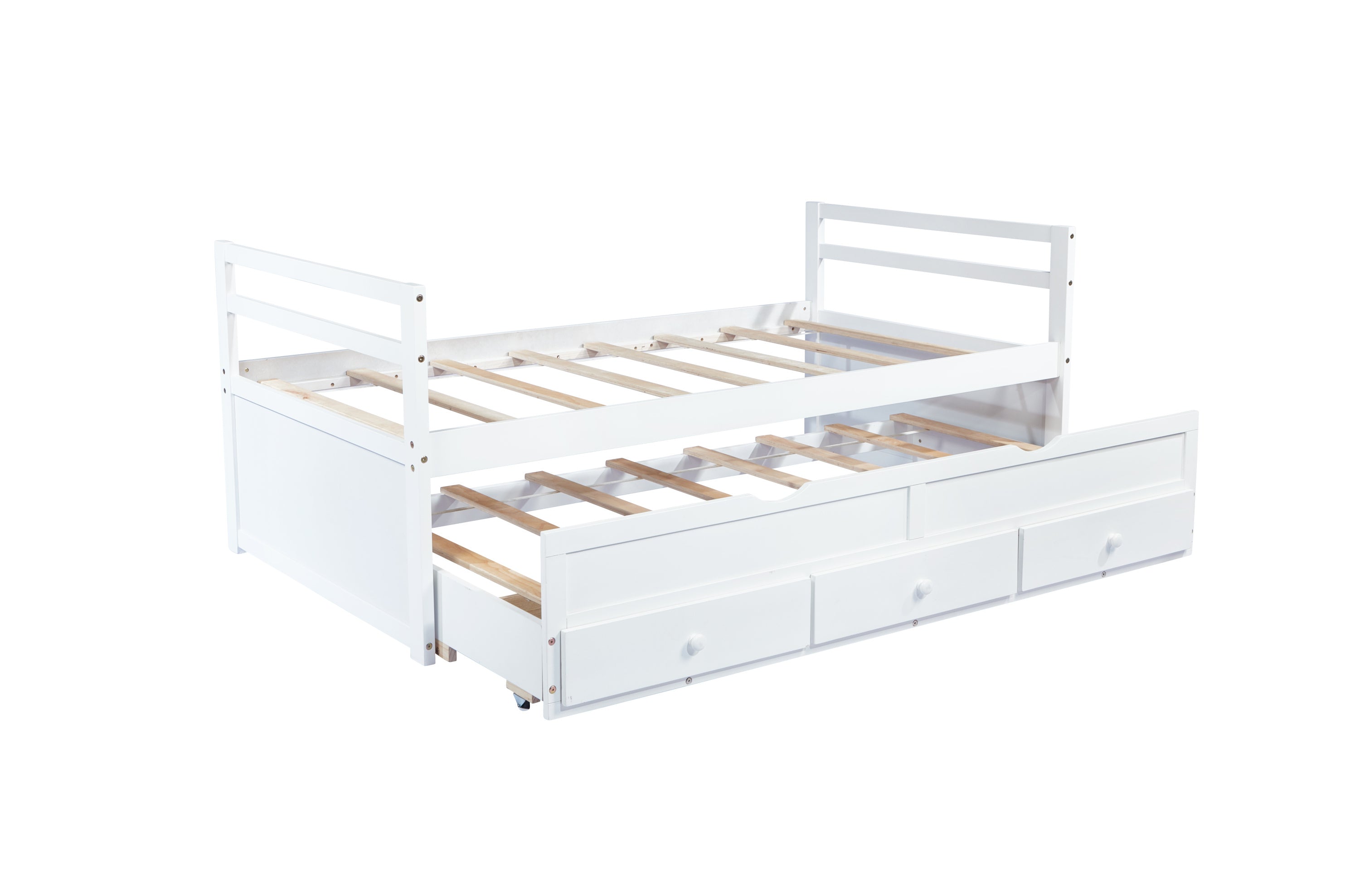 HAOYYE Twin Bed with Headboard, Footboard, Trundle and Storage Drawers, Pine Wood Twin Size Bed, White, Sturdy Space-Saving Heavy Duty Construction, Ideal for Adults and Dorm Rooms