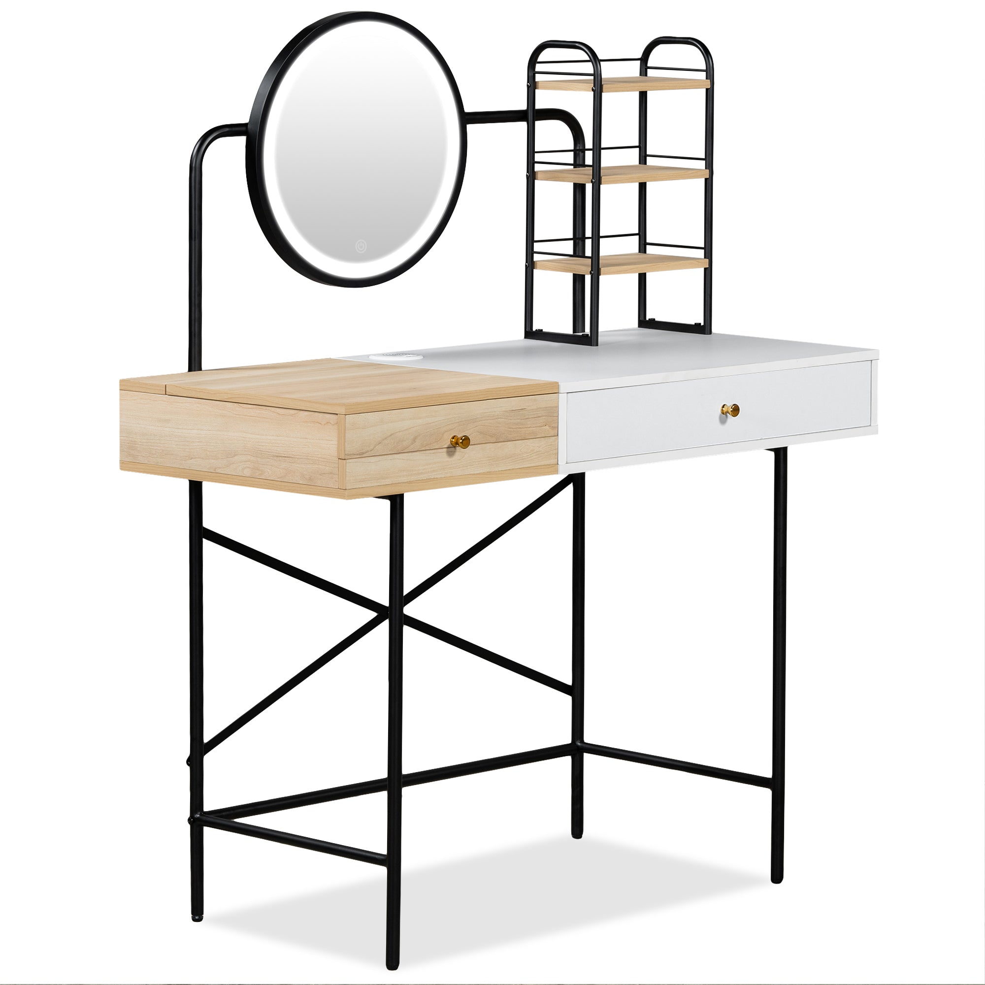 HAOYYE GO 40" Makeup Vanity Desk with 3-Mode Lighted Mirror & Wireless Charging Station , Vanity Table with Drawer & 3 Open Shelves for Ample Storage Space, Dressing Table for Bedroom, White