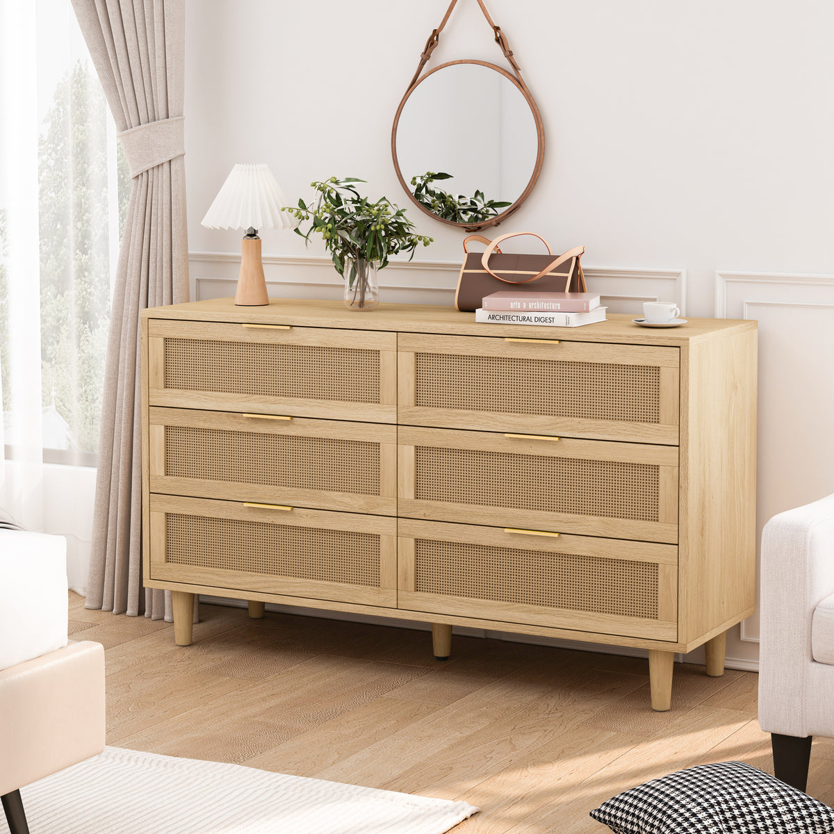 HAOYYE 6-Drawer Rattan Storage Cabinet with White Drawer Slides for Bedroom, Living Room, or Any Room, Natural Sturdy Space-Saving Design, Heavy Duty Construction, Easy Assembly, Durable and Stylish Home Furniture