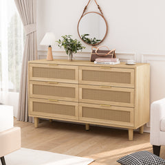 HAOYYE 6-Drawer Rattan Storage Cabinet with White Drawer Slides for Bedroom, Living Room, or Any Room, Natural Sturdy Space-Saving Design, Heavy Duty Construction, Easy Assembly, Durable and Stylish Home Furniture