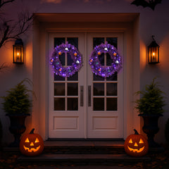HAOYYE 24in Pre-Lit Halloween-Themed Christmas Wreath with 50 Purple and Orange LED Lights, 100 PVC Tips, and DIY Ball Ornaments, Lighted Artificial Xmas Wreath for Front Door, Gate, Wall, and Holiday Party Decorations