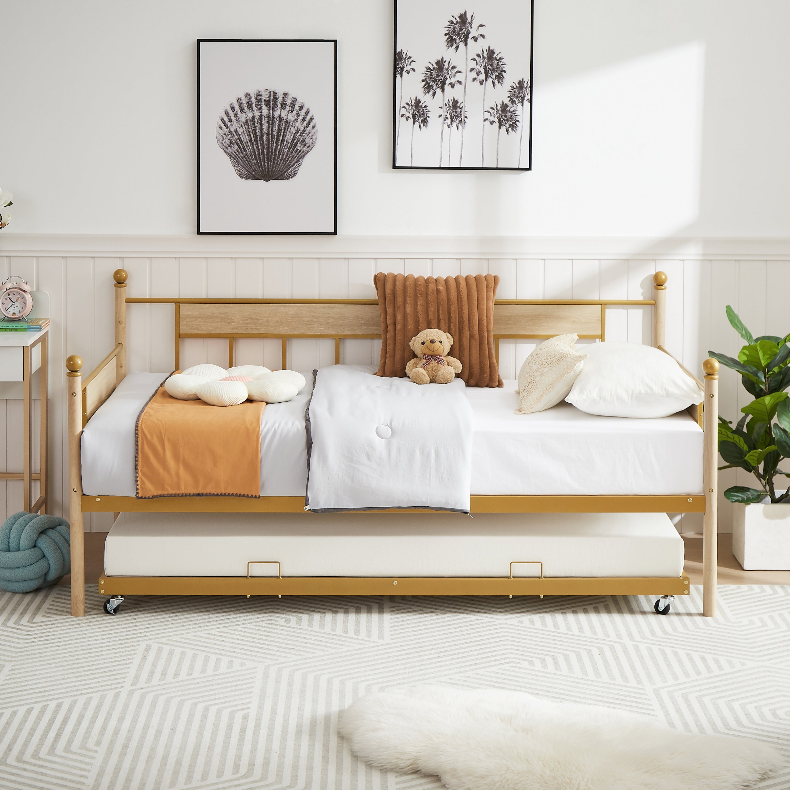HAOYYE  Sofa Bed with Metal Frame and Removable Trundle for Twin Adults in Golden Finish Offering A Durable and Compact Design Ideal for Dorm Room Bedroom and Living Room Furniture with Easy Assembly and Contemporary Style