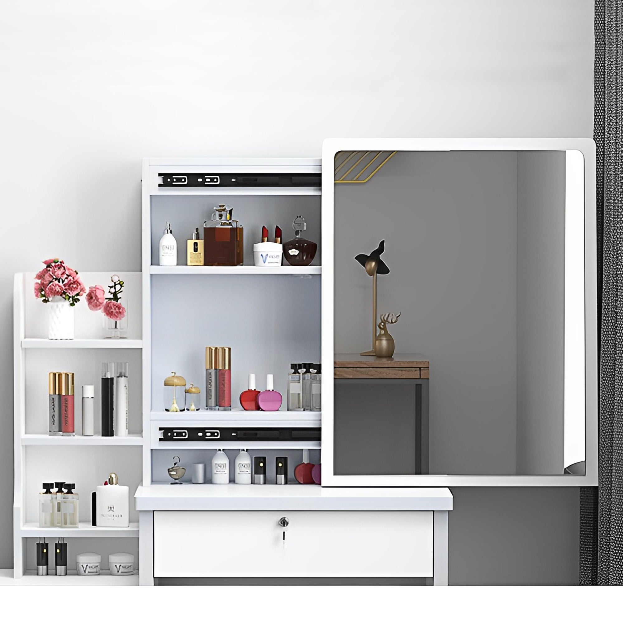 HAOYYE Fashion Vanity Desk with Mirror and Lights for Makeup and Chair, Vanity Mirror with Lights and Table Set with 3 Color Lighting Brightness Adjustable, 4 Drawers, White Color Sturdy Space-Saving Durable