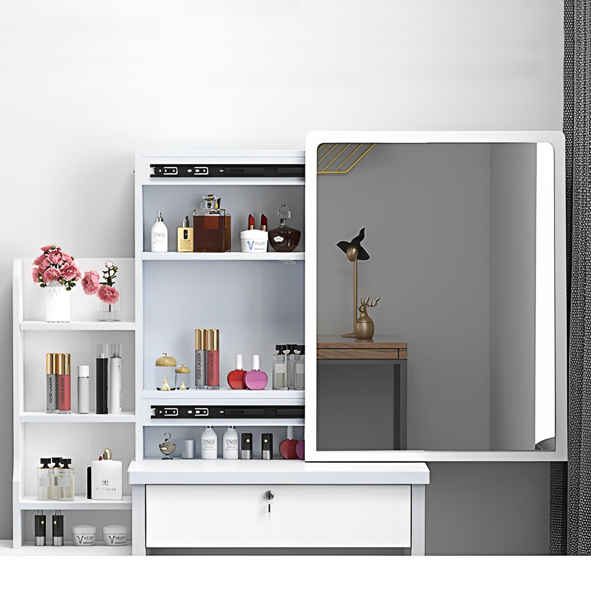 HAOYYE Fashion Vanity Desk with Mirror and Lights for Makeup and Chair, Vanity Mirror with Lights and Table Set with 3 Color Lighting Brightness Adjustable, 4 Drawers, White Color Sturdy Space-Saving Durable