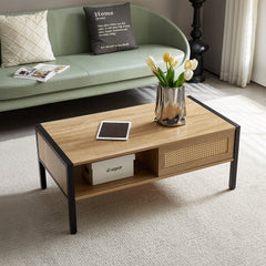 HAOYYE 40.16" Rattan Coffee table, sliding door for storage, metal legs, Modern table for living room , natural Sturdy Space-Saving Heavy Duty Modern Design Adults Dorm Room Easy Assembly