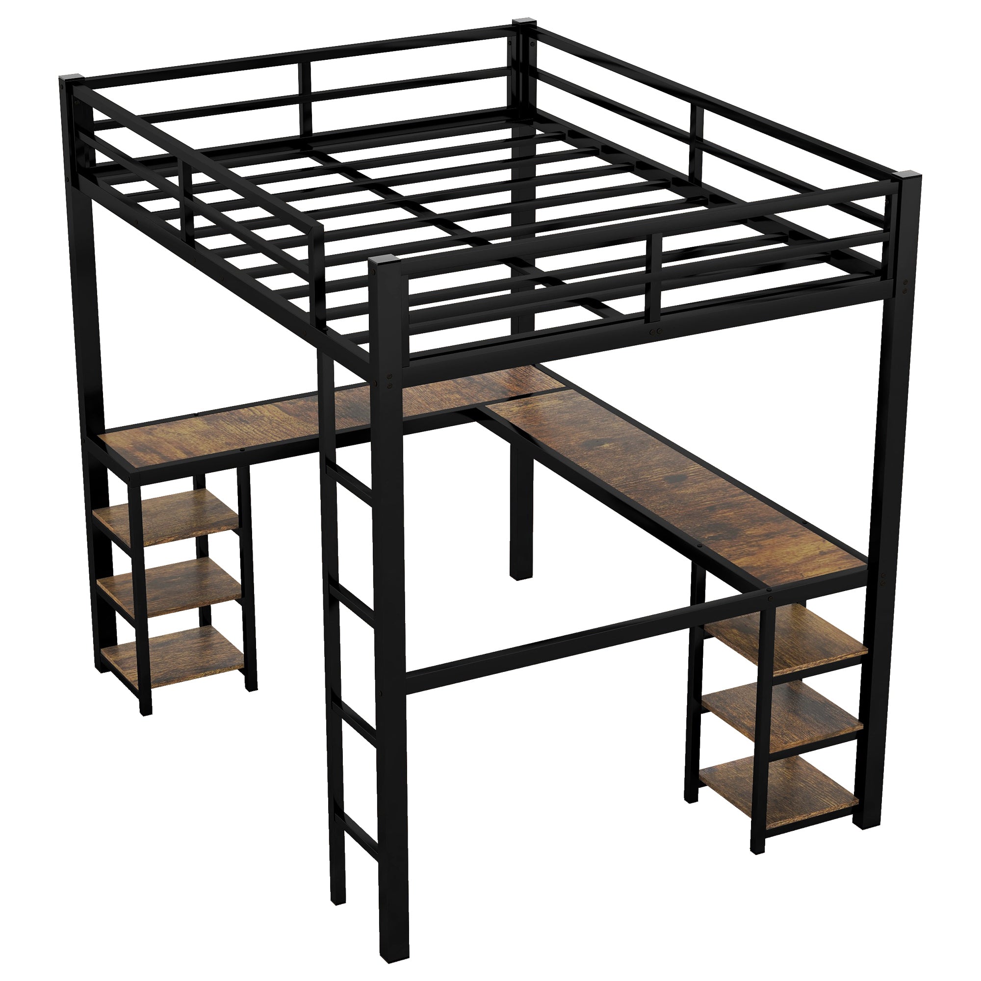 HAOYYE Full Metal Loft Bed with Desk and Shelves, Loft Bed with Ladder and Guardrails, Loft Bed Frame for Bedroom, Black with Vintage wood-colored desk Sturdy Space-Saving Heavy Duty Modern Design