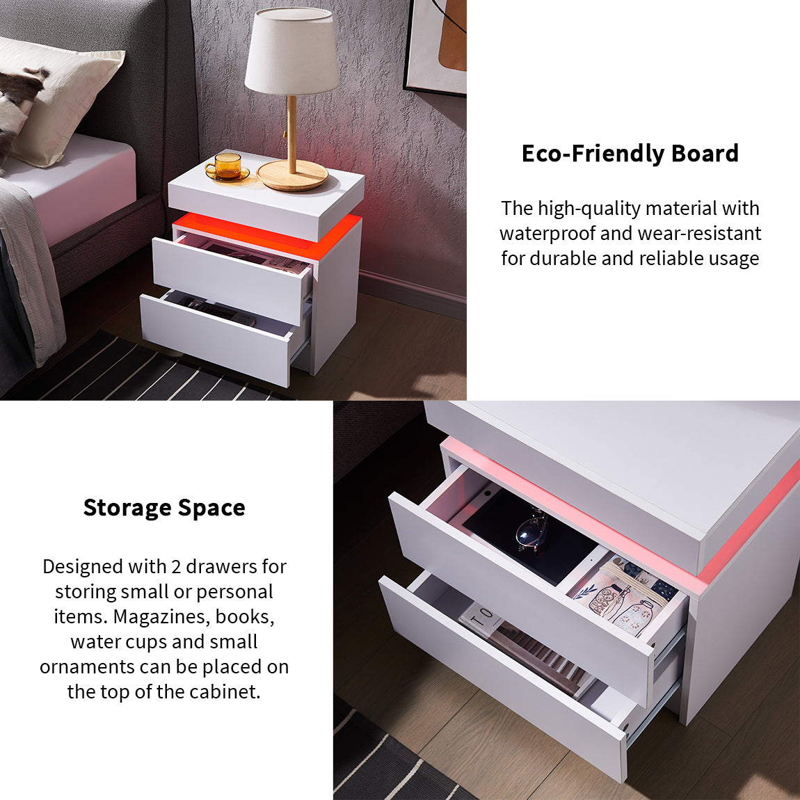 HAOYYE LED Nightstand Bedside Table Cabinet with 2 Drawers, Modern End Table for Bedroom, Sturdy Space-Saving Heavy Duty Construction, White, Ideal for Adults and Dorm Rooms, Easy to Assemble