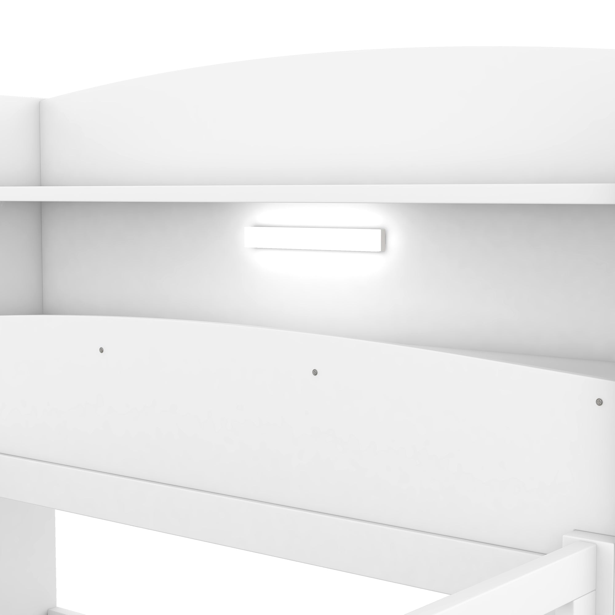HAOYYE Wood Twin Size Platform Bed with Built-in LED Light, Storage Headboard and Guardrail, White Sturdy Space-Saving Heavy Duty Modern Design Adults Dorm Room Easy Assembly Bedroom Furniture
