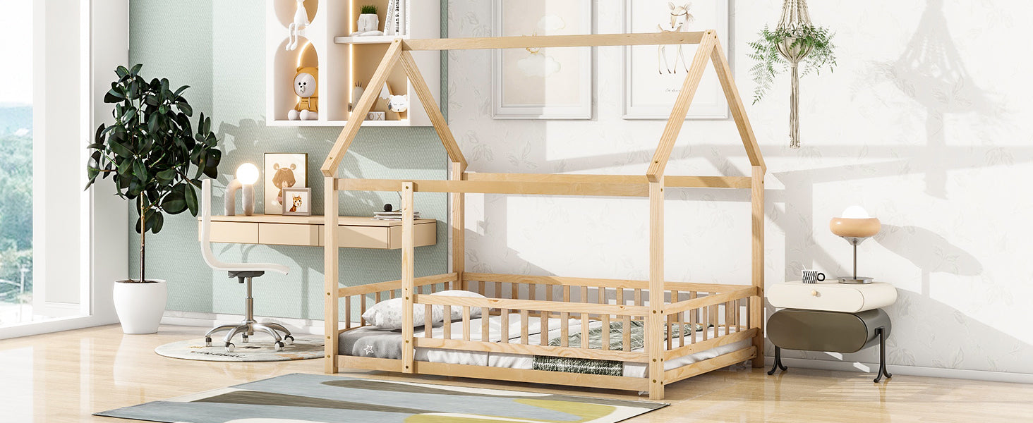 HAOYYE Full Size Floor Wooden Bed with House Roof Frame, Fence Guardrails ,Nartural Sturdy Space-Saving Heavy Duty Modern Design Adults Dorm Room Easy Assembly Bedroom Furniture
