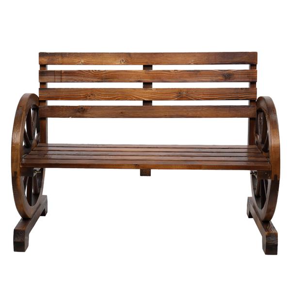 HAOYYE Rustic 2-Person Wooden Wagon Wheel Bench with Slatted Seat and Backrest, Durable Outdoor Bench for Patio, Garden, or Backyard, Comfortable and Stylish, Perfect for Relaxing and Enjoying the Outdoors