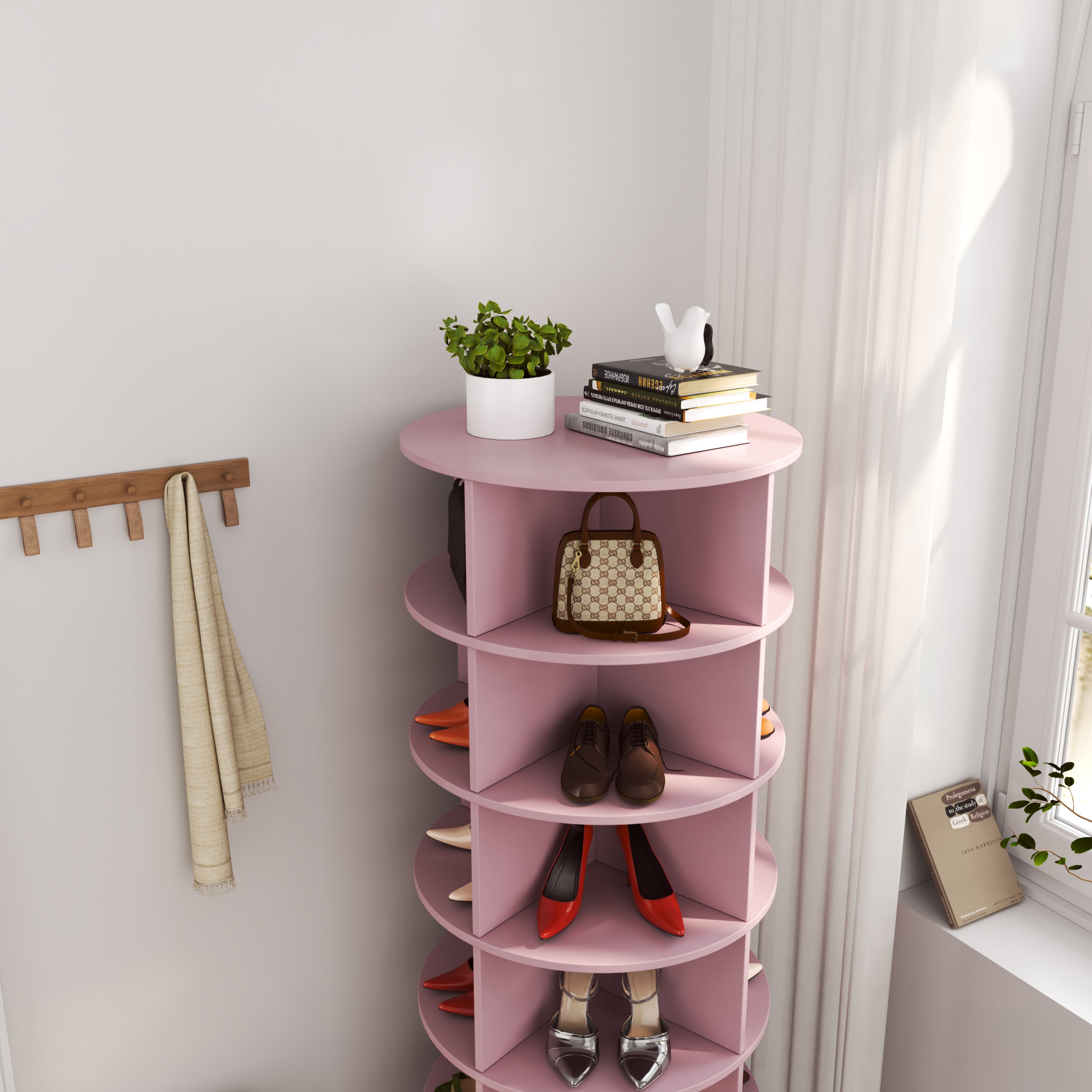 HAOYYE Pink 360 Rotating shoe cabinet 6 layers Sturdy Space-Saving Heavy Duty Modern Design Adults Dorm Room Easy Assembly Bedroom Furniture