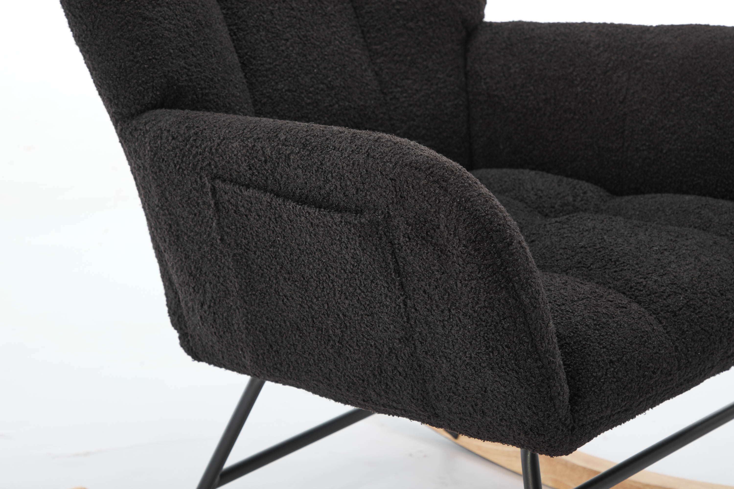 Haoyye Black Modern Nursery Rocking Chair with High Backrest, Soft Teddy Upholstered Glider Accent Armchair with Solid Wood Legs, Gentle Rocker for Bedroom, Living Room, or Nursery, Sturdy and Space-Saving Design for Adults