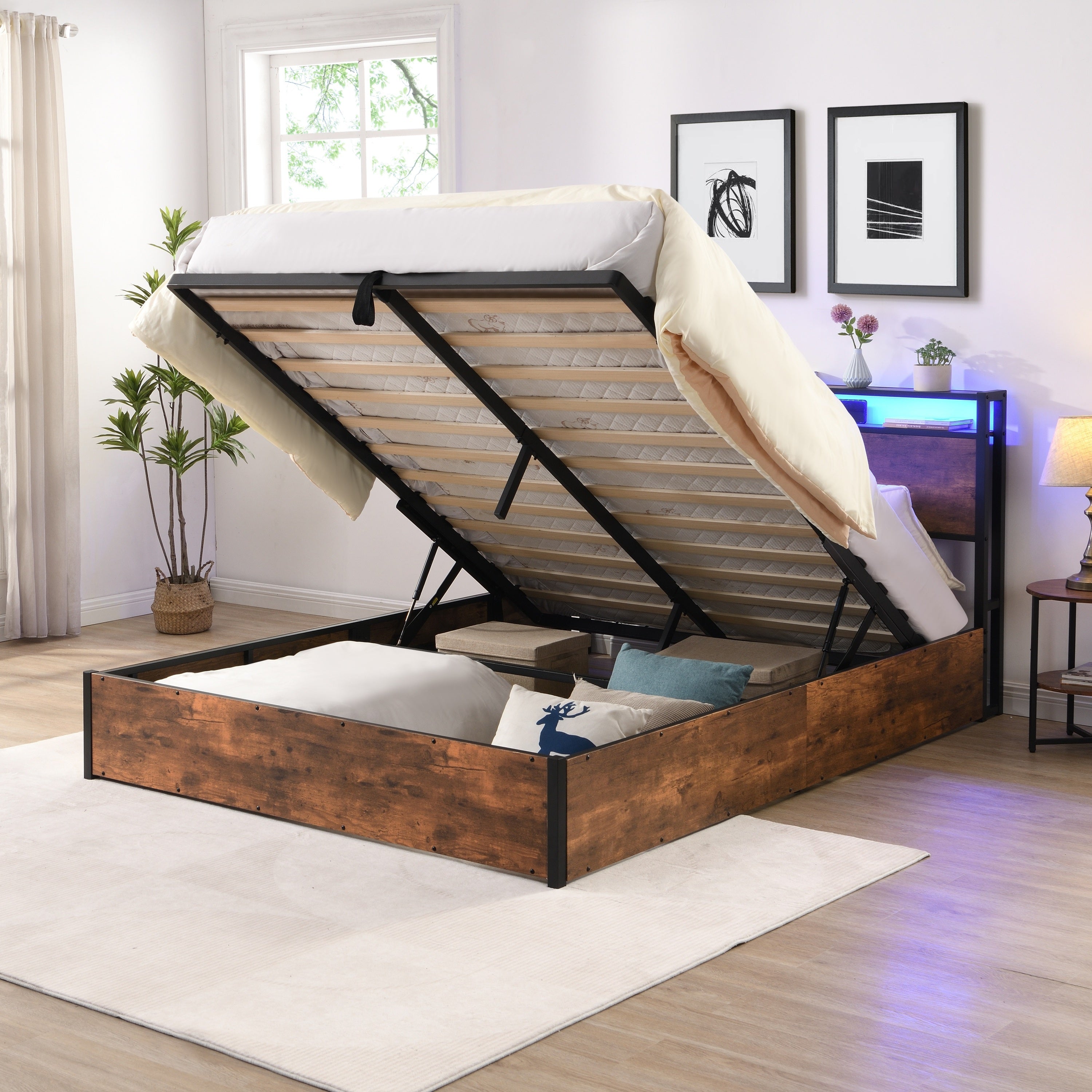 HAOYYE Lift-up Storage Bed Frame, Queen Size Bed Frame with Bookcase Headboard & LED Lights, Wooden Platform Bed Frame with Charging Station, No Spring Box Needed, Rustic Brown Sturdy Space-Saving Heavy Duty