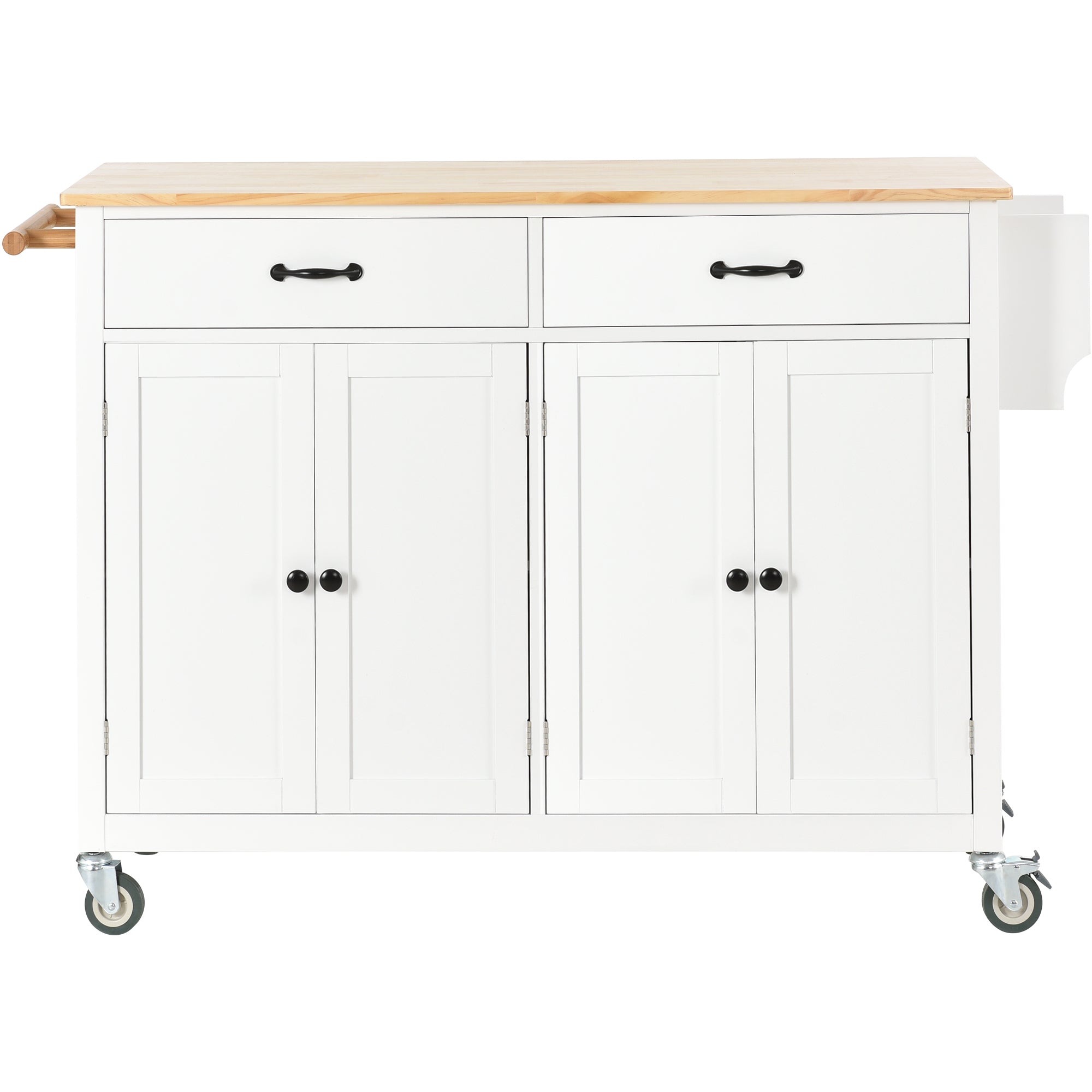 HAOYYE Kitchen Island Cart with Solid Wood Top, Locking Wheels, Four Door Cabinet, Two Drawers, Spice Rack, and Towel Rack, White, Sturdy Space-Saving Design, Heavy Duty Construction, Easy Assembly, Durable and Stylish Home Furniture